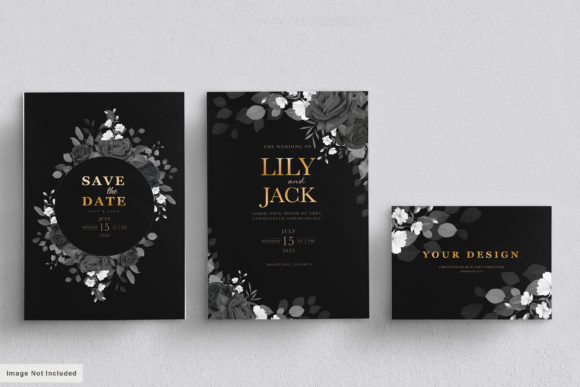 Download Black Wedding Card Set with Floral - Black wedding Collection