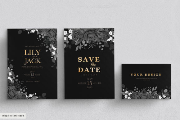 Download Black Wedding Card Set with Floral - Black wedding Collection